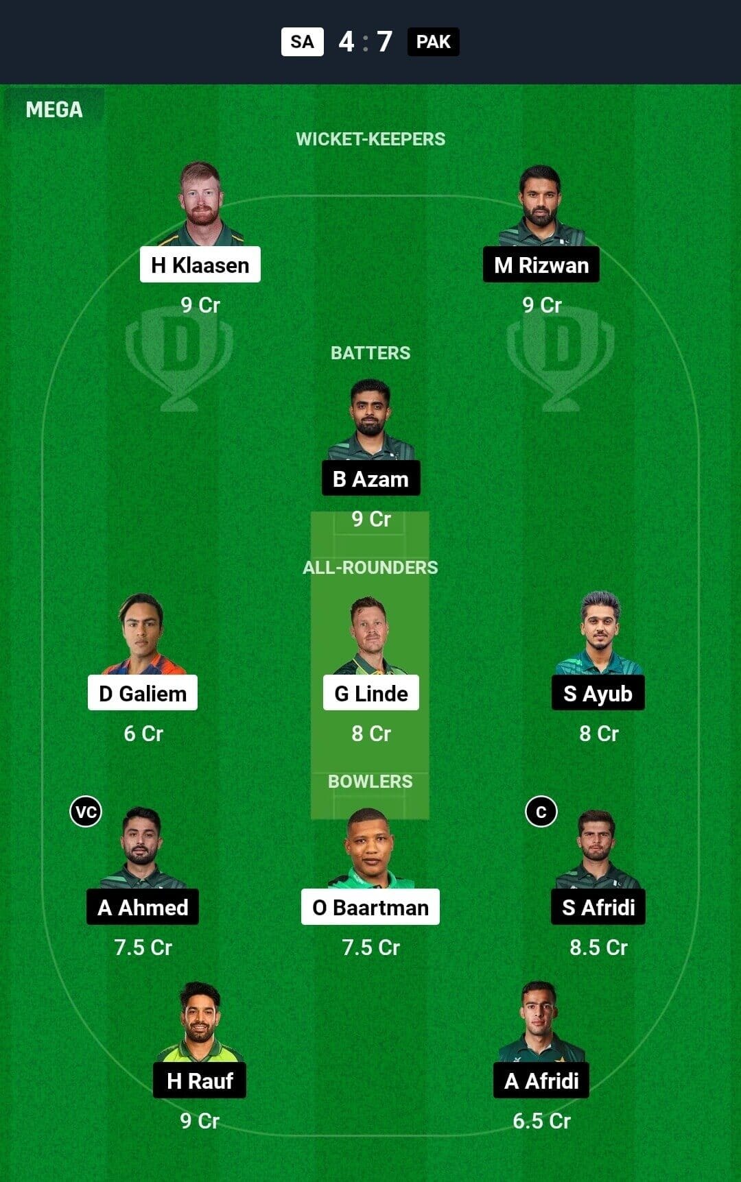 SA vs PAK Dream 11